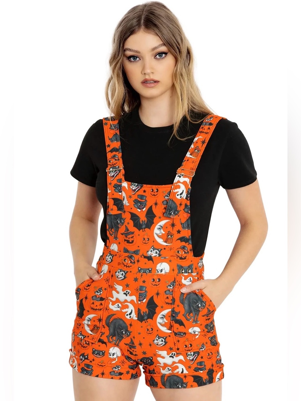 Blackmilk Halloween trick or treat pumpkin short overalls